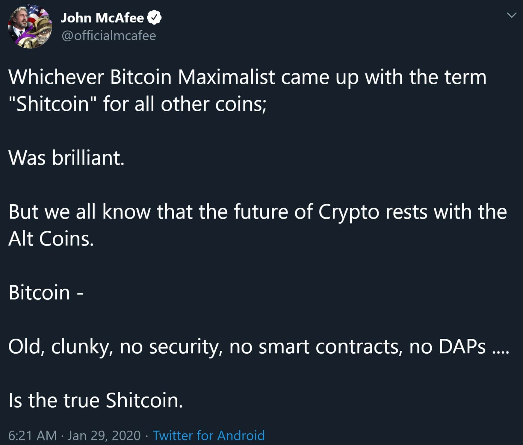 McAfee about bitcoin price