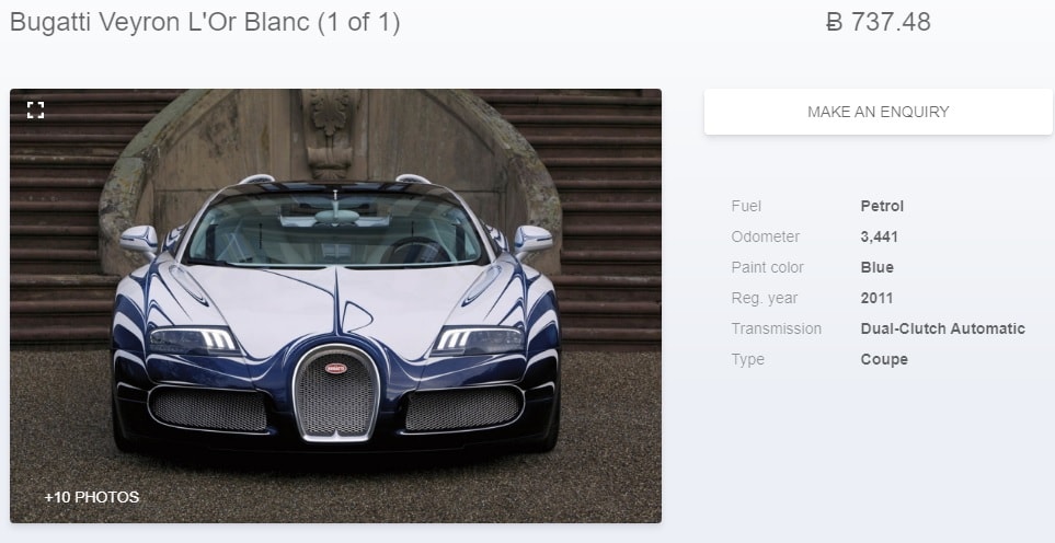 Una página web que vende Bugatti Veyron por 737 bitcoin.