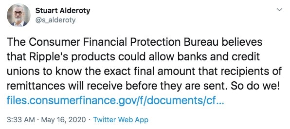 La Oficina de Protección Financiera del Consumidor menciona ripple.