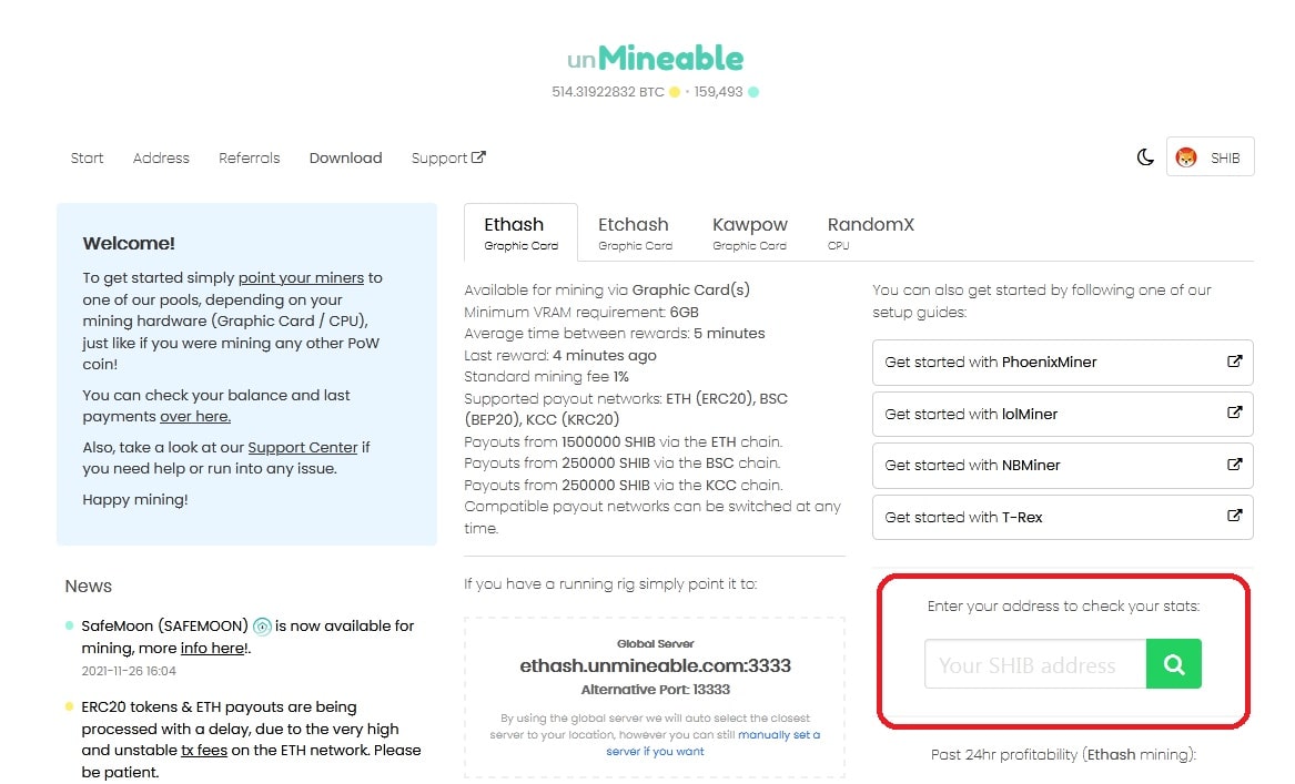 El cuadro de búsqueda de unMineable.com
