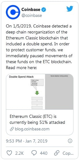 A tweet from Coinbase about the 51% attack on ETC