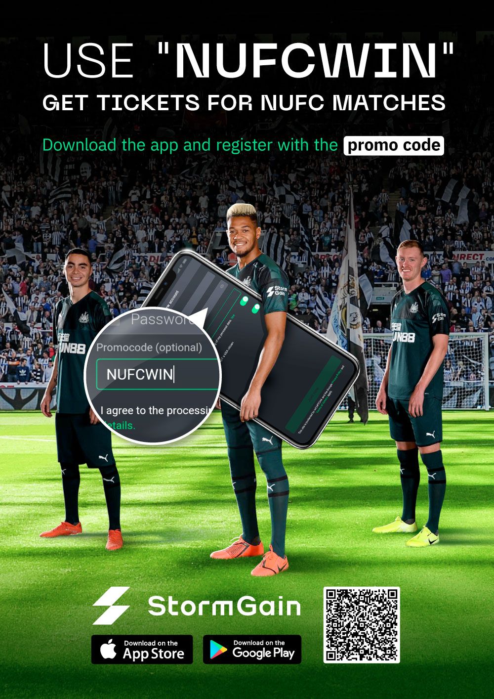 Enter promo code NUFCWIN when registering for your StormGain account