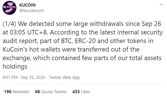 Kucoin's anouncement on a recent hack
