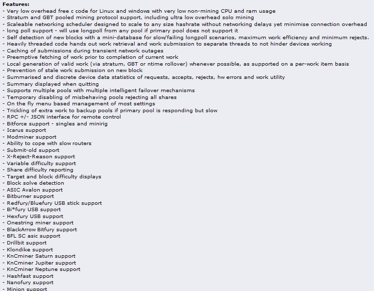 A partial list of CGMiner’s features on Bitcointalk.org