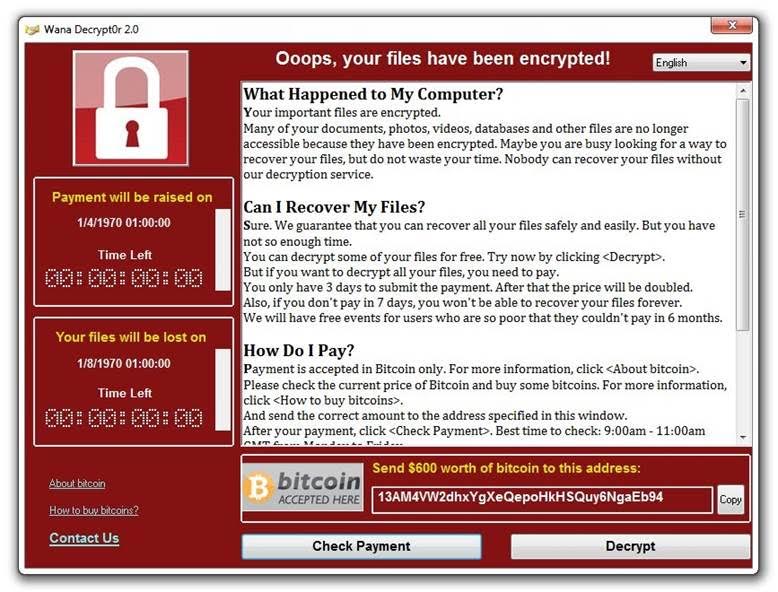 Wannacry malware user interface