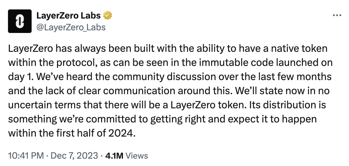 LayerZero Labs tweet published announced the upcoming token development