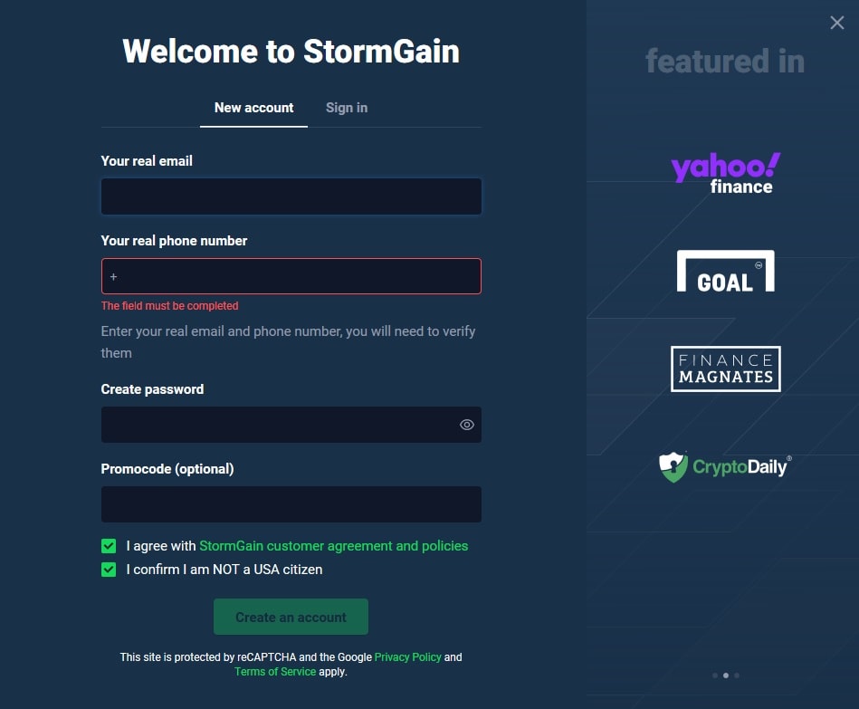 StormGain account registration
