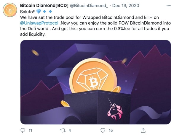 Developers have set a wrapped Bitcoin Diamond and ETH trading pool on Uniswap, making steps towards greater adoption.