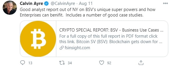 Calvin Ayre drops NY's BSV report on how enterprises can benefit.