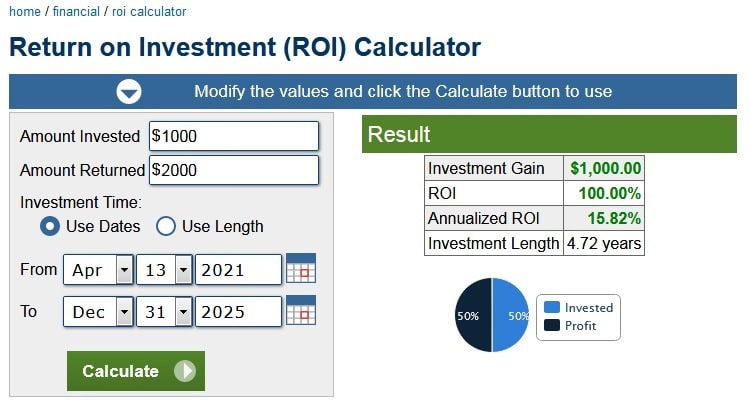 ROI calculator on Calculator.net