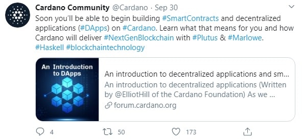 Cardano'nun merkezî olmayan uygulamaları ve akıllı sözleşmeleri kullanıma sunacağına dair yaptığı duyuru.