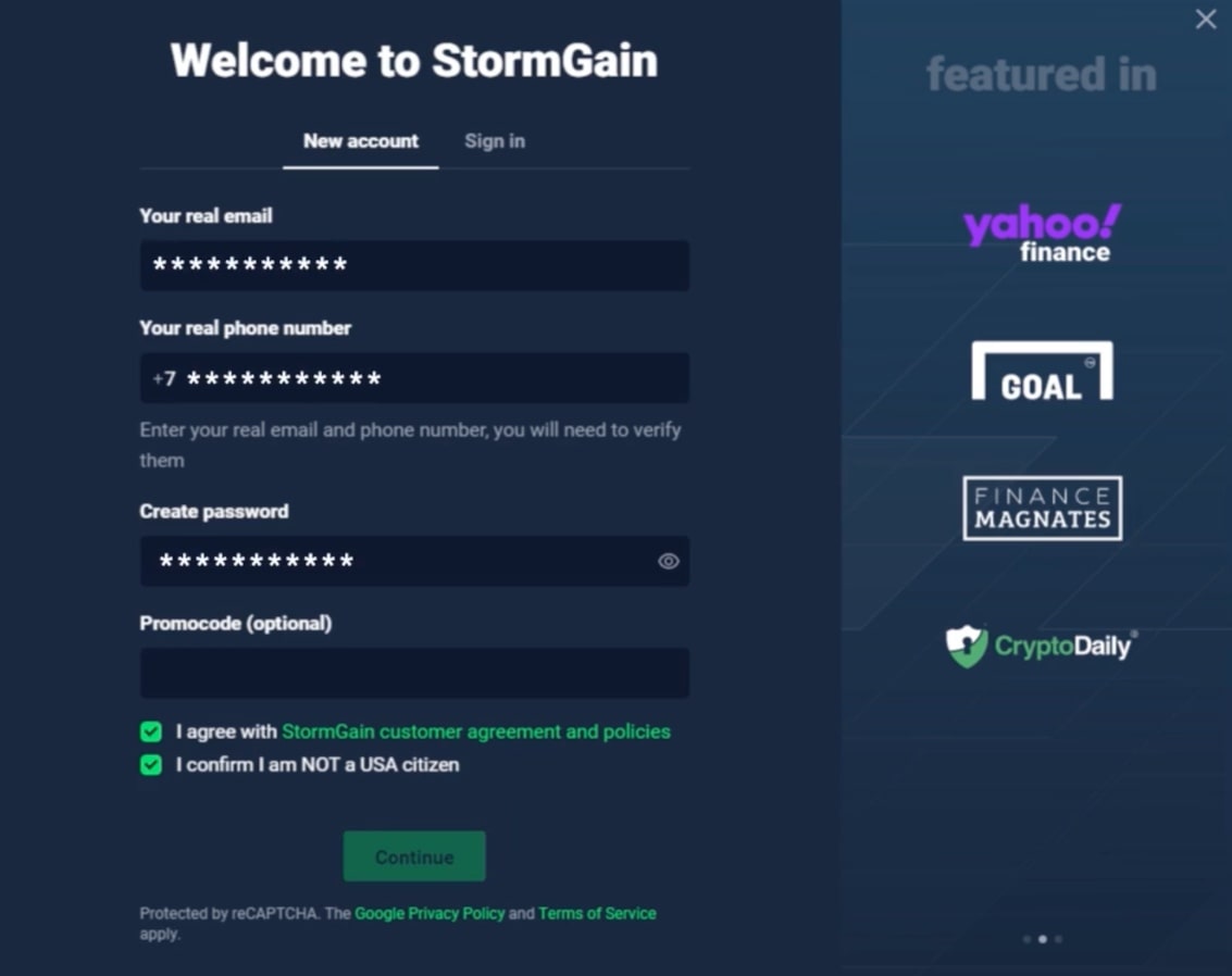 Signing up on the StormGain platform