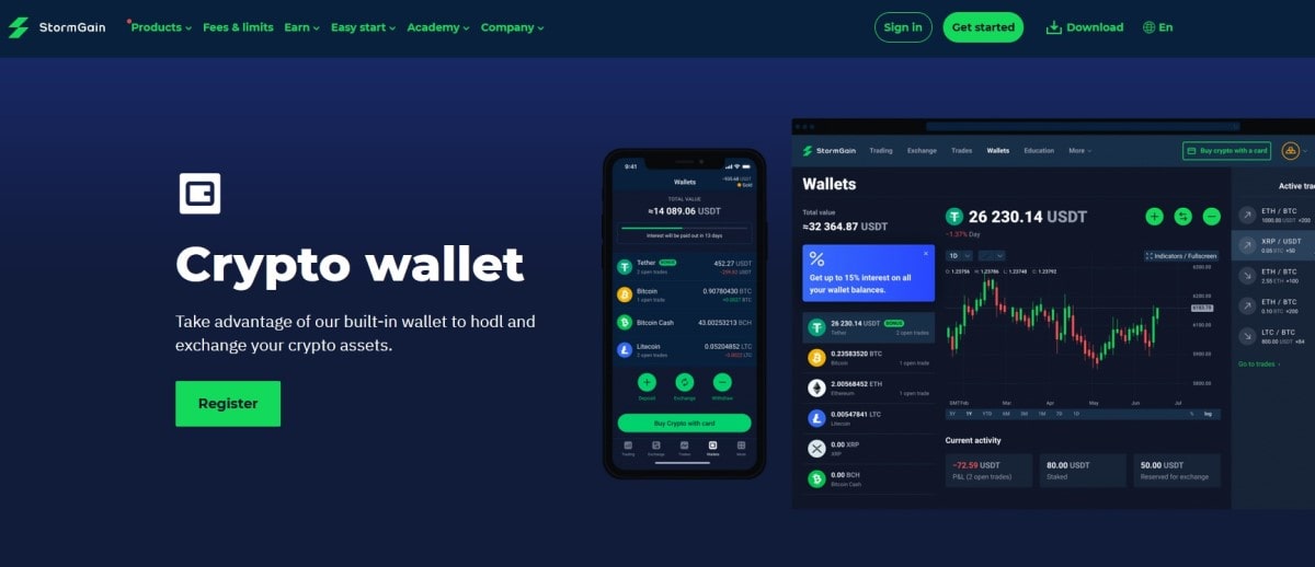 StormGain crypto wallet's web page