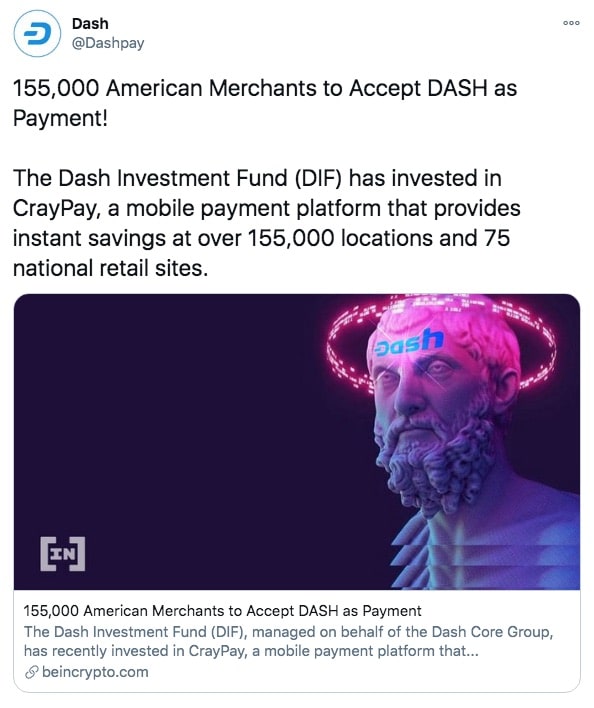 Over 155,000 American merchants accept Dash as a payment method.