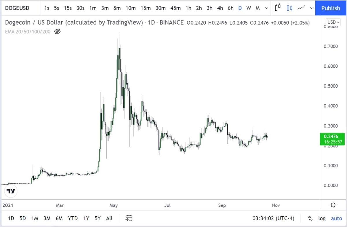 DOGE/USDT daily logarithmic chart in 2021