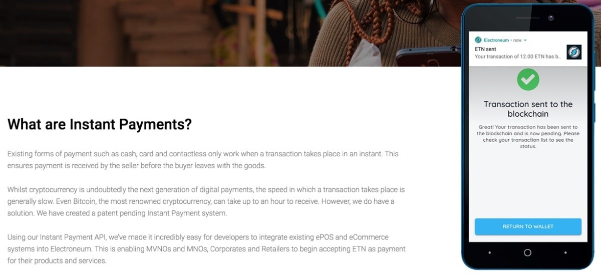 Electroneum offers instant payments for its clients.