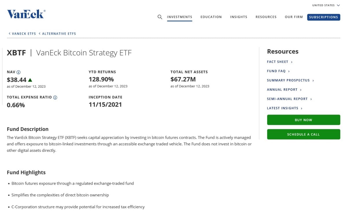 VanEck Bitcoin Strategy ETF's web page