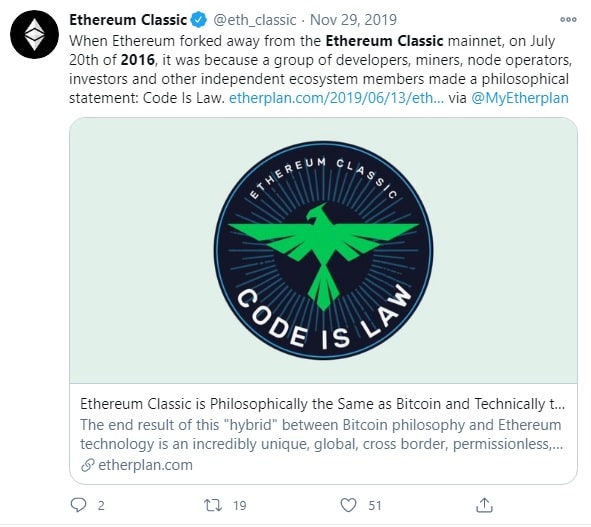 A philosophical statement that code is the law led to Ethereum Classic's creation