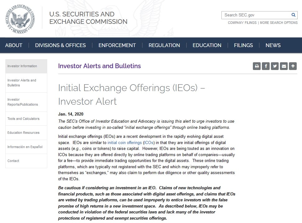IEO investor alert on the SEC's website