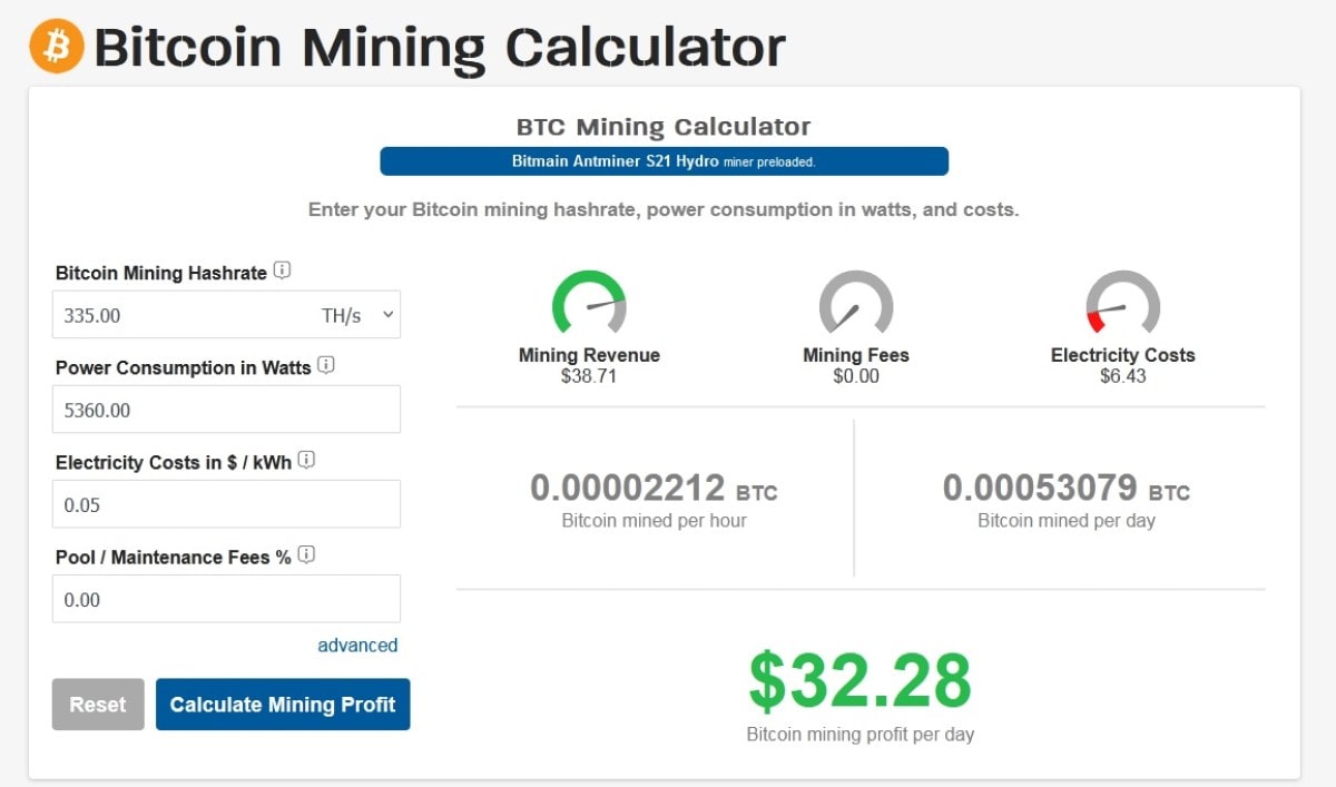 CoinWarz's Bitcoin mining calculator