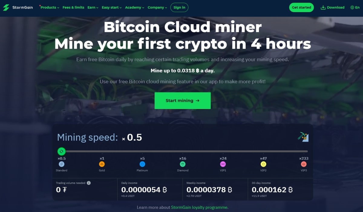 StormGain's free Bitcoin cloud miner