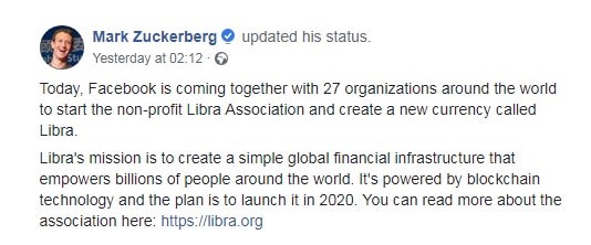 Mark Zuckerberg’s official announcement on Libra.