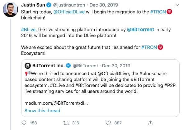 A plataforma de conteúdo de transmissão ao vivo baseado na blockchain migra para a blockchain TRON.