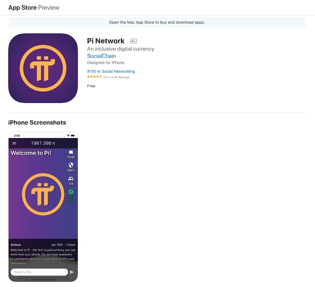 Pi Network's mining app in the App Store