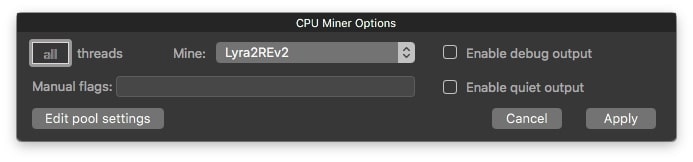 Opciones del Minero con CPU en macOS