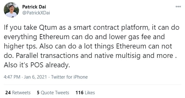 Qtum's founder offers a reminder of the project's benefits over its main competitor.