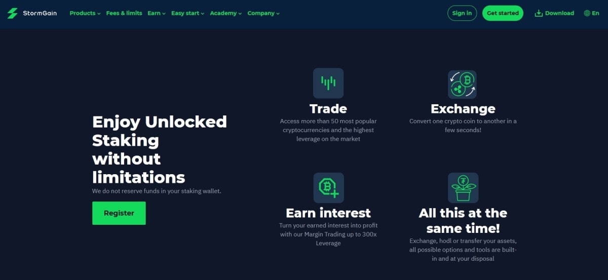 StormGain's unlocked staking web page