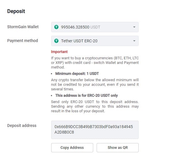 Deposit to StormGain wallet