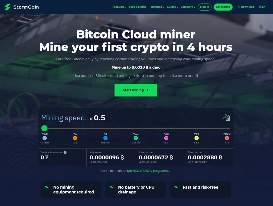 StormGain free Bitcoin cloud miner's interface