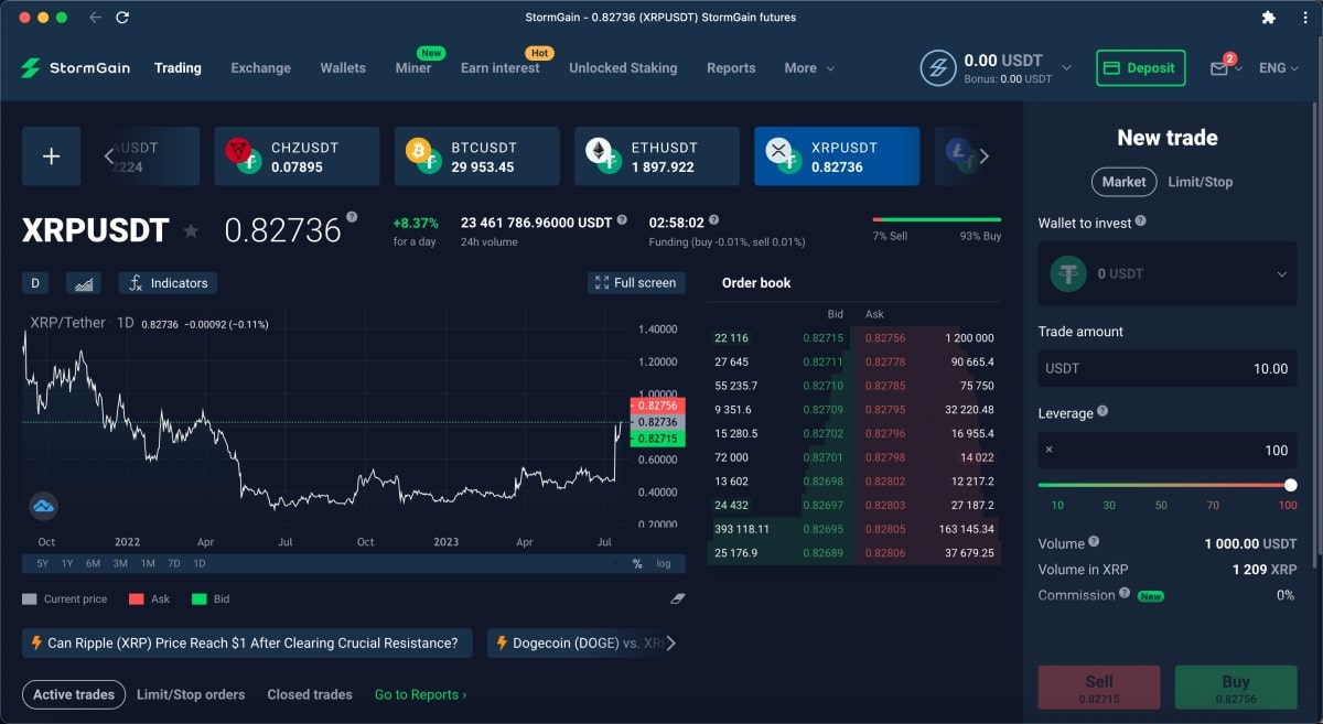 Trading XRP on StormGain