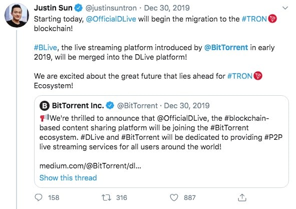 The live-streaming blockchain-based content platform migrates to TRON blockchain