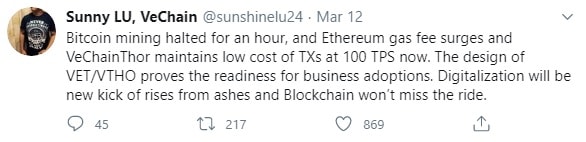 Tweets del fundador de VeChain sobre el bajo coste y el alto TPS de la red.