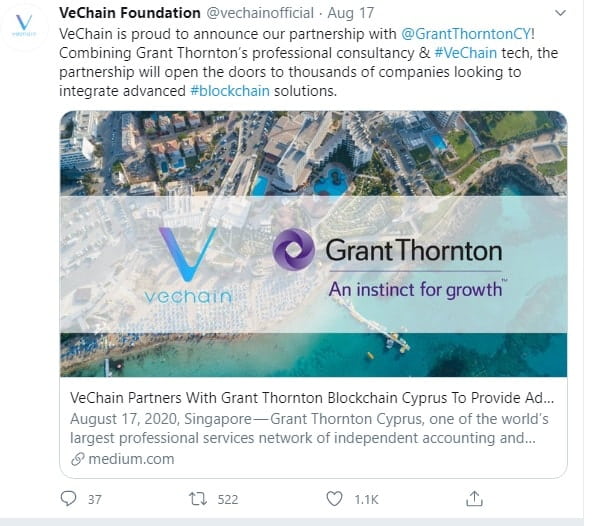 VeChain تقعد شراكة مع ‎Grant Thornton.