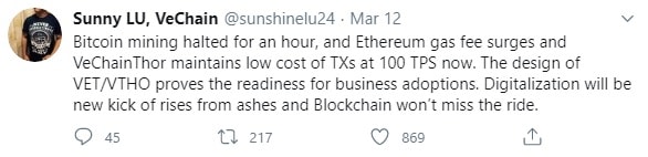 VeChain founder's tweets on the network's low cost and high TPS.