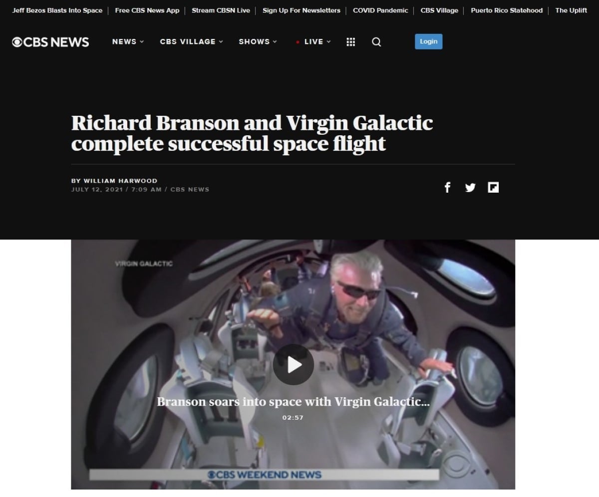 Richard Branson's space flight on CBS News