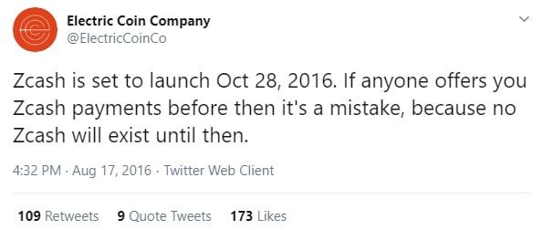 Twitter announcement on Zcash's planned launch.