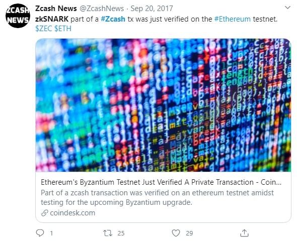 Ethereum's Byzantium testnet verified Zcash's private transaction.